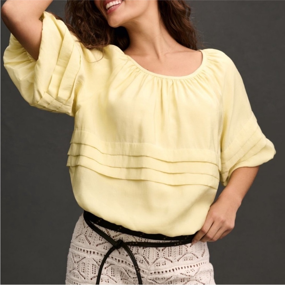 ANTHROPOLOGIE Maeve Short Sleeve Bubble Tiered Top Yellow Off The Shoulder Top L - Picture 3 of 9